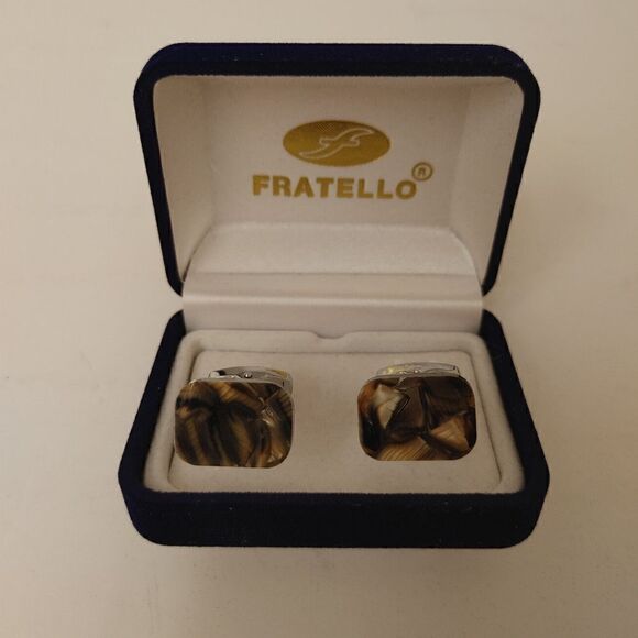 MEN'S FRATELLO BROWN, TAN, IVORY SQUARE ABSTRACT DESIGN CUFFLINKS. - Picture 1 of 2
